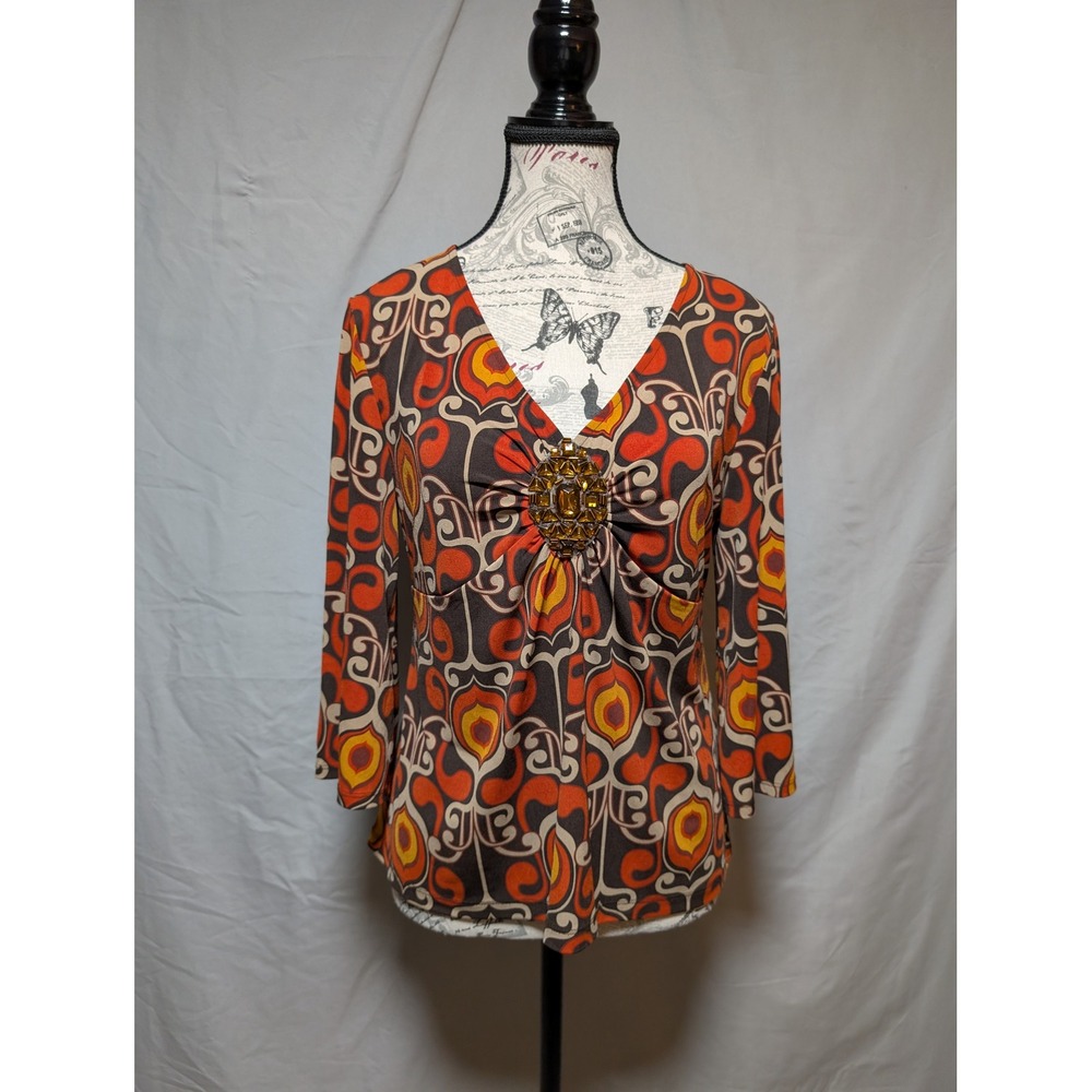 Apt. 9‎ Petite 70s Inspired Retro Mod Print Blouse Jewel Accent Women's Medium